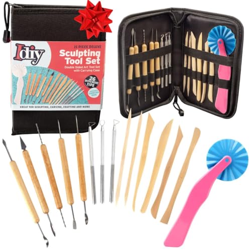 Pottery Tool Starter Kit- 15-Piece 26-Tool Beginner's Clay Ceramics Modeling Carving Sculpting Set- Arts & Crafts School Project, w Carrying Case, Birthday Gift for Kids, Holiday Gift Set for Artists