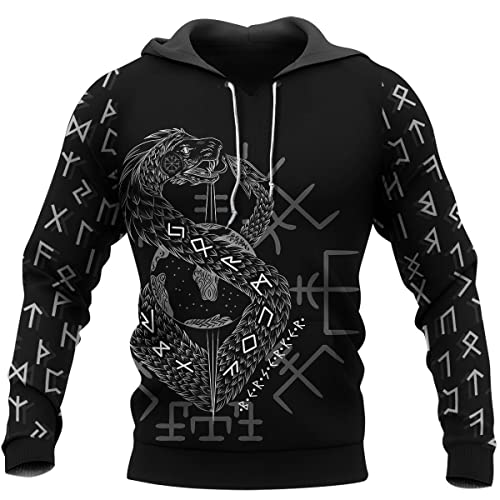 BBYaki Wikinger Kleidung Herren Hoodie 3D-Druck Nordische Mythologie Tattoo Lange Ärmel Kangaroo Pocket Odin Kapuzenpullover Heidnische Geschenke,Aegishjalmur,3XL Cover