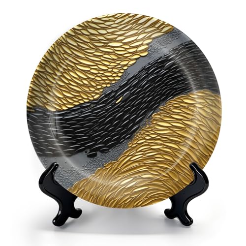 HABEN ARTWORK 8" Ceramic Plates for Display Abstract Painting Black Gold 3D Textured Living Room Office Bedroom Flowing Decorative Plate with Stand and Hook for Kitchen Dining Room Wall Hanging Decor