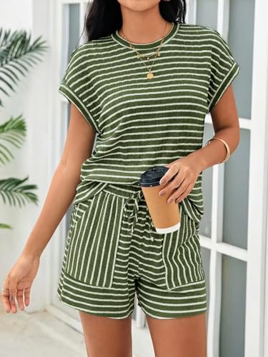 Image of Tankaneo Womens Striped Summer 2 Piece Short Sets Short Sleeve T Shirts Drawstring Shorts Casual Outfits Lounge Pajama Sets