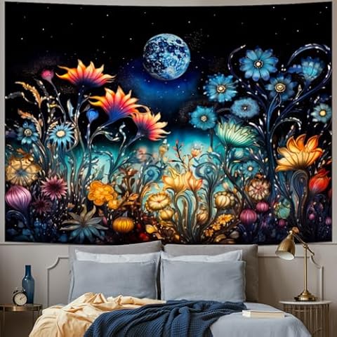 Tushelia Floral Plant Tapestry Fantasy Moon Tapestry Trippy Flowers Tapestry Mysterious Starry Sky Tapestry Black Aesthetic Backdrop Tapestry Wall Hanging for Bedroom Decor Cover