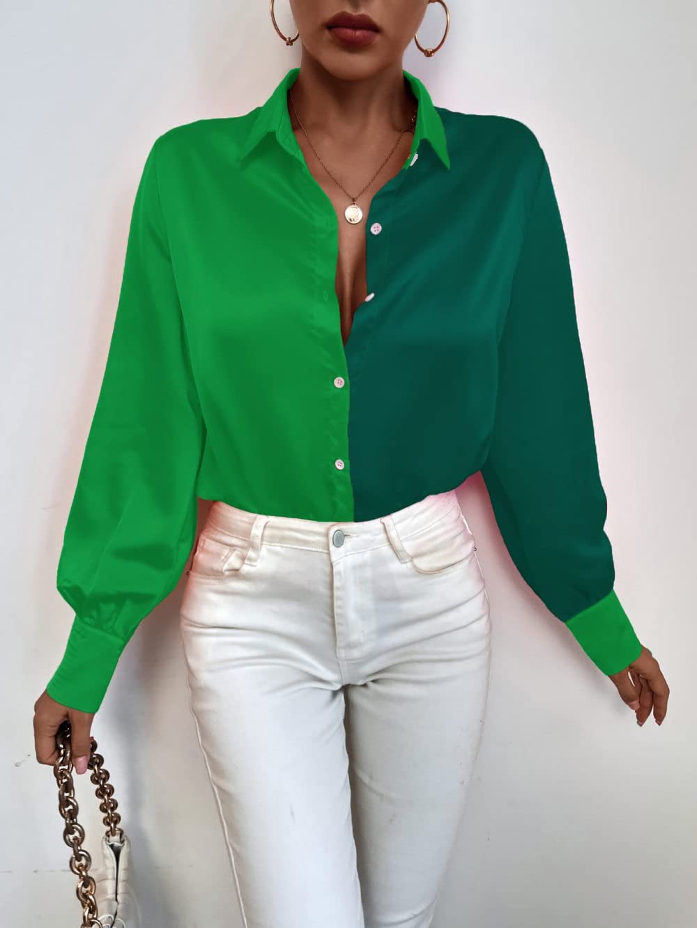 Damen-Hemd Mit Knopfleiste,Damen Satinbluse Shirt Grüne Naht Langarm Vintage Mode Seidenhemden Businesshemd Mit Knopf Sexy Party Tops Lässige Arbeit Bürobluse Für Mädchen Damen