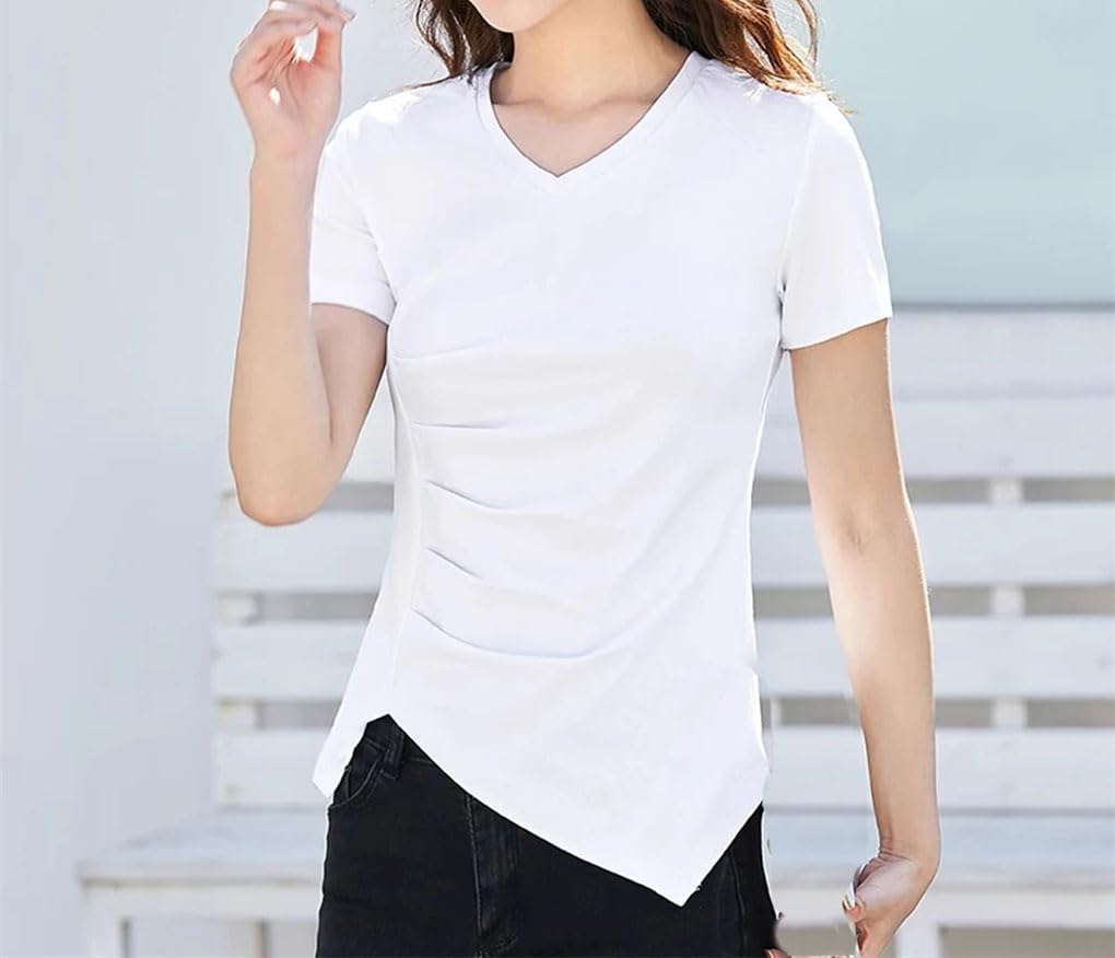 Maglietta a maniche corte da donna con scollo a V a pieghe casual