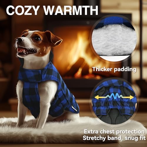 VIVAGLORY Softjoy Hundemantel, Wintermantel mit Bauchschutz, Hundejacke für Winter & Weihnachten, Warm Softshell Kariert Schnittmuster Verstellbar, L, Schwarz Blau