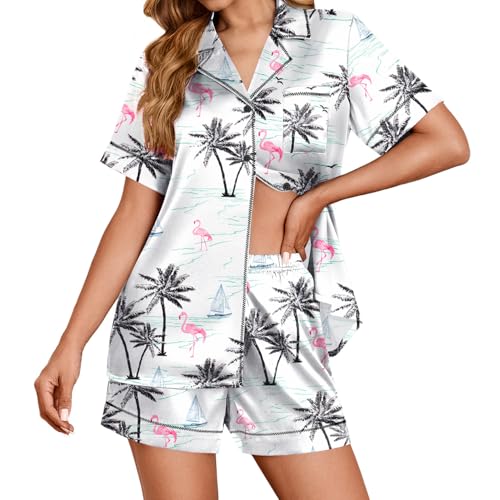 Image of Ekouaer Womens Satin Silk 2 Piece Pajamas Set Short Sleeve Sleepwear | Button Down Top and Shorts Loungewear Set for Sleep, Home, Wedding, Travel, Party, Daily Wear & Great for Sharing