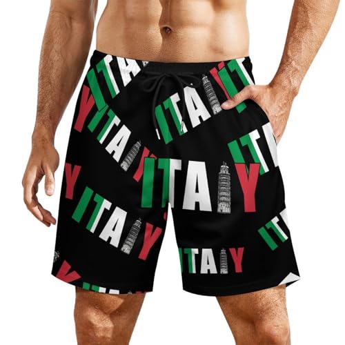 Italy Flag Italia Pisa Leaning Tower Beach Shorts for Men Swim Trunks Quick Dry Swim Shorts with Compression Liner Pocket