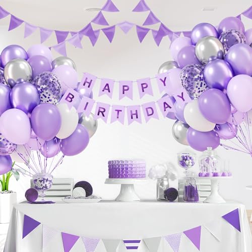 Image of 60pcs Purple and Silver Balloons 12inch with Pearl Purple White Metallic Silver Confetti Balloons for Wedding Bridal Baby Shower Birthday Party Decorations