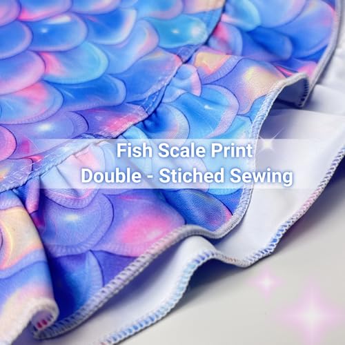 Image of Girls Mermaid Swimsuit 3 Piece Bathing Suits, Adjustable Ruffled Bikini Top, with Cover up Skirt Fish Scale Design for 3-10Y