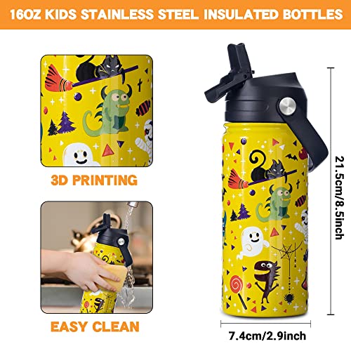 Hommbenm Halloween Monster Kids Water Bottles With Straw Lids Stainless Steel Vacuum Insulated Double Wall Wide Mouth Water Bottles For School Boys，Girls （Halloween Monster,16Oz） #TOP4