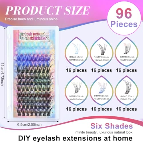 Image of MAYCREATE Colored Wispy False Eyelashes Eyelash Extension 14 16mm Individual Lash Clusters with Red Blue Purple Green Pink Tips, Dramatic DIY Lashes for Festival Stage Party Cosplay