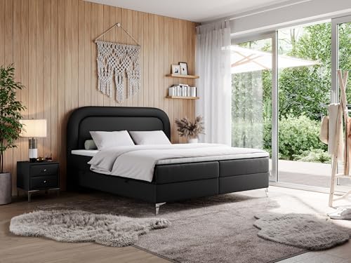 MKS MEBLE Boxspringbett 200x200 mit Matratze H3 und Bettkasten, Bett 200x200 mit Stauraum, Polsterbett mit Kopfteil, Doppelbett - EIRA - Schwarz Kunstleder - H3