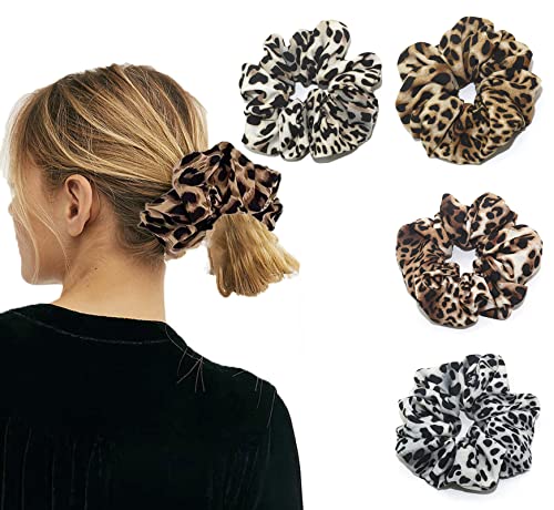 Leopard Print Hair Ring Cheetah Print Bundle Hair Ring Elastic Band Hair Accessories Leopard Print Head Flower Leopard Print Hair Rope Ladies Hair Accessories For Women Or Girls Pack Of 4 #TOP3