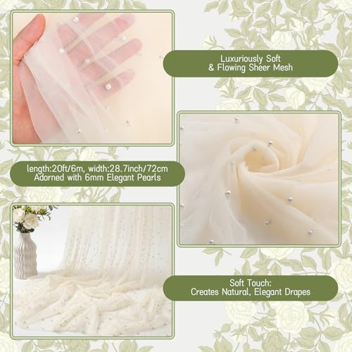 Image of Wedding Arch Draping Fabric with Pearl 28.7 inch x 20 ft Ivory White Sheer Gauze Fabric Backdrop Drapery for Wedding Arbor Ceremony Bridal Shower Birthday Party Reception Decor (Ivory White)