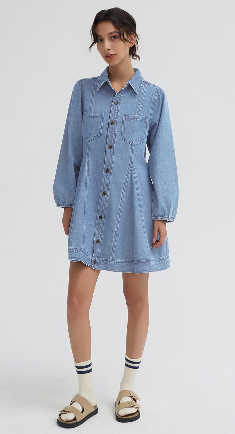 D-Sun Women's Long Sleeve Denim Dress Button Down Collar Casual A Line Swing Ruffle Jean Mini Dresses - Image 4