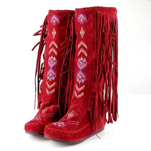 Bottes au genou tendance à franges pour femme - Chaussures d'hiver plates confortables