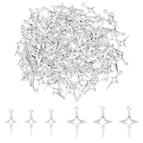 SUPERFINDINGS 120 dijes colgantes de estrella de 2 tamaños, incluyendo 20 dijes huecos de estrella de cuatro puntas y 100 mini colgantes de estrella plateada, colgantes huecos de aleación para hacer