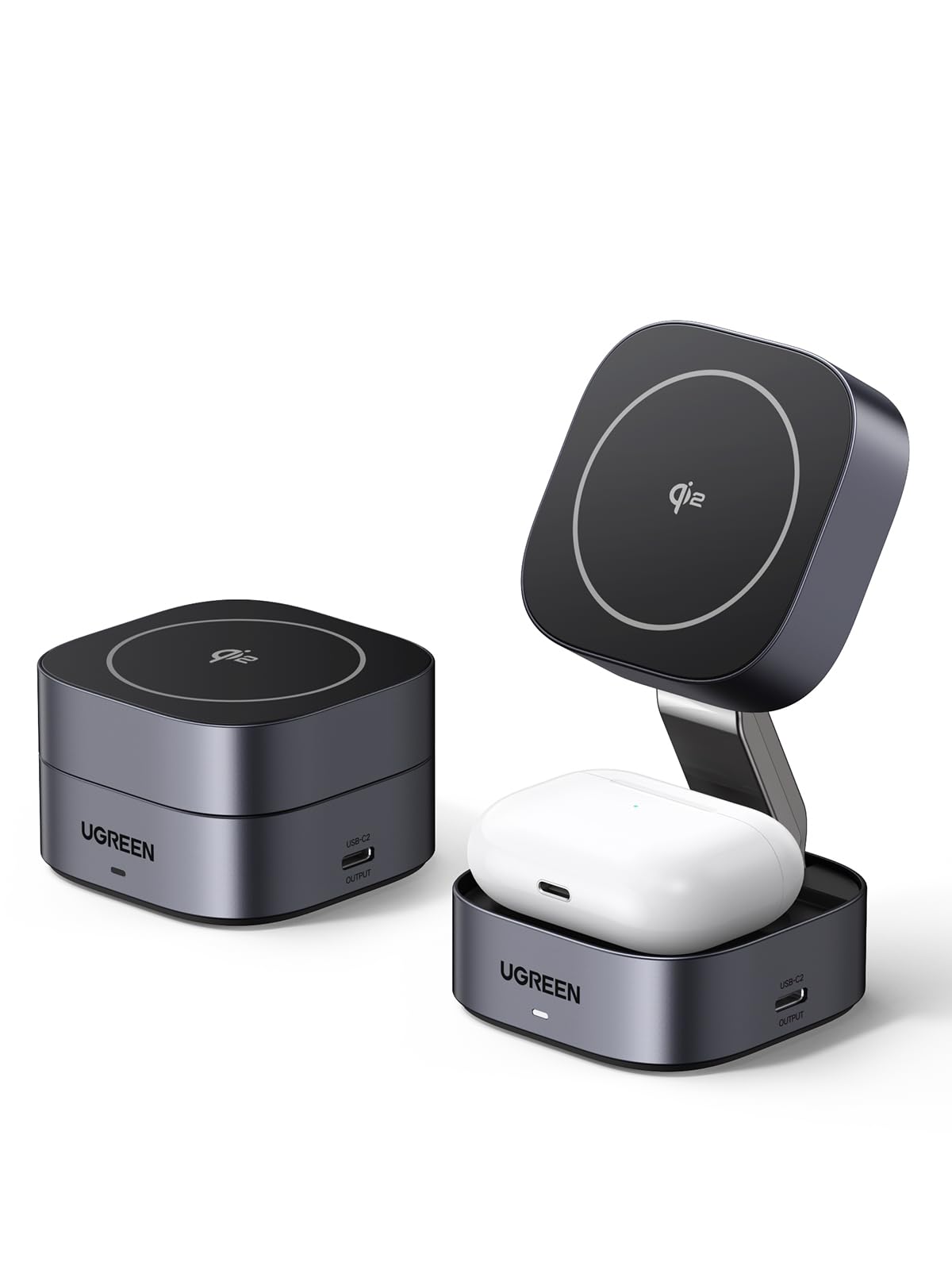 UGREEN MagFlow Qi2 15W Chargeur Induction 2 en 1 Certifié Compatible avec MagSafe iPhone 17 16 15 14 13 12 Air Plus Pro Max AirPods 4 3 Pro 3 2 1 Chargeur sans Fil Magnétique Rapide Pliable Réglable