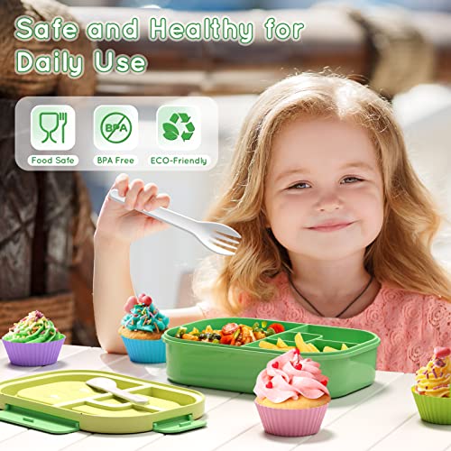 Image of Bento Lunch Box Leakproof 44oz Kids Lunch Box Containers with 4 Compartment, Bento-Style Lunch Bento Box with Cutlery, Reusable Kid Back to School Meal /Snack Packing BPA Free (Green)