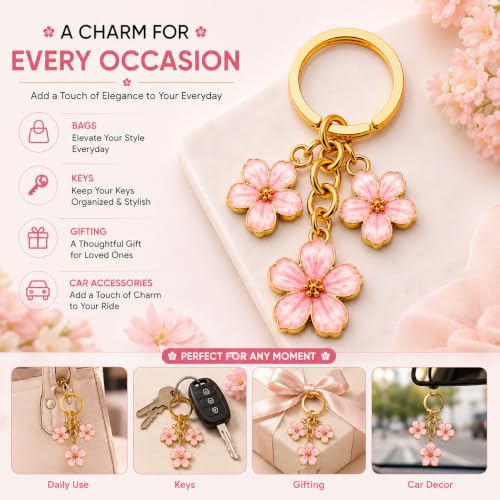 Image of JB'S LAND Floral Charm Keychain Vintage Flower Metal Key Ring for Women | Bag Charm Pendant, Backpack & Car Key Holder, Aesthetic Design, Friendship Gift, For Women & Girls