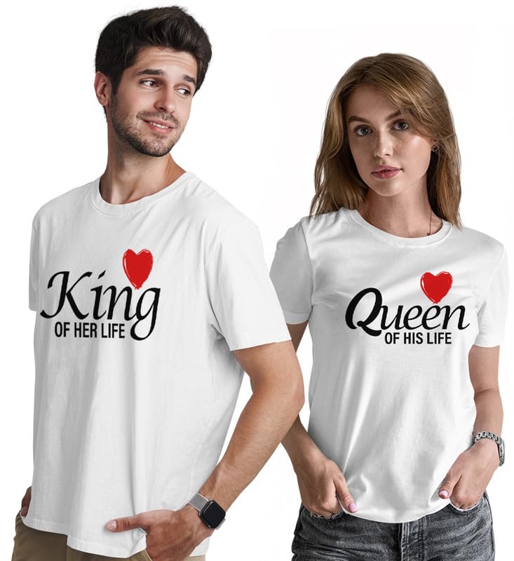 INDISSH Couple Matching T-Shirt Combo | Round Neck 100% Cotton Tshirt for Men and Women - CPL_RNM-KING-WHT-3XL_WRN-Queen-WHT-M Deal