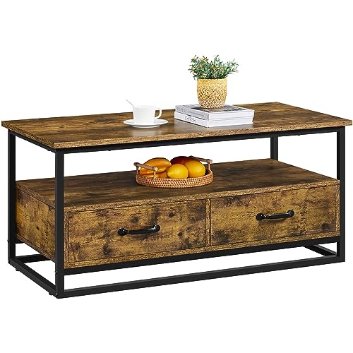 fevarbord Tavolino da Salotto in Stile Industriale con 1 Cassetti, Tavolino da Divano a 2 Ripiani Moderno Portaoggetti in Legno,Tavolino Basso da Caffè per Soggiorno, Ufficio 106x48x43cm