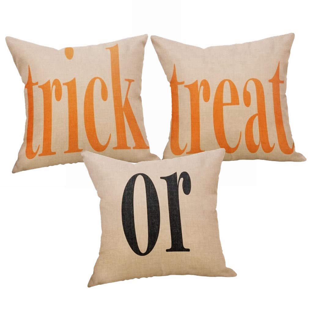 Boomsea Set of 3 Trick or Treat Halloween Decoration Throw Pillow Covers Cotton Linen 18x18 for Bed Couch Sofa