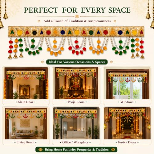 Image of ONESTA Handcrafted Mirror Work Door Toran Bandhanwar with Pearl Chains Pom Pom Tassels & Golden Bells | Traditional Main Door Hanging for Diwali Pooja Temple Home Entrance & Festive Decoration 3Feet (Size 36 Inch Pack 01)