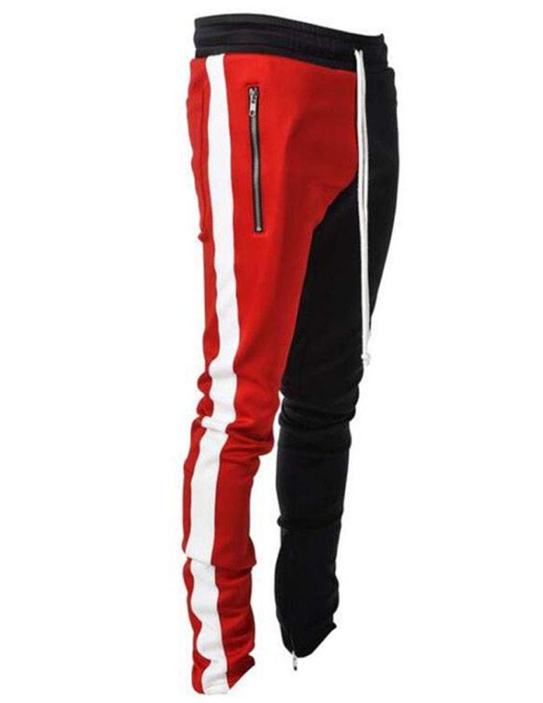 Huixin Spodnie dresowe męskie jesienne zimowe spodnie dresowe splice paski spodnie sportowe mieszane kolory eleganckie spodnie ołówkowe, Czerwony, XL