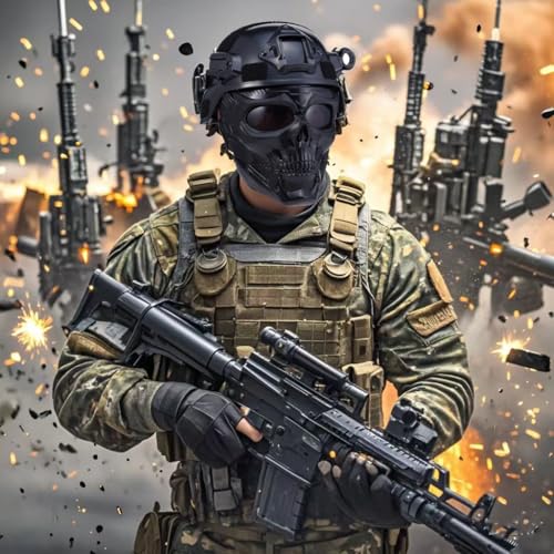 Airsoft Mask Skull Mask with Goggles Full face Protective Paintball Mask Adjustable Tactical Mask for Halloween Paintball Game Motorcycle Face Mask(S-greyLens) - Thumbnail 5