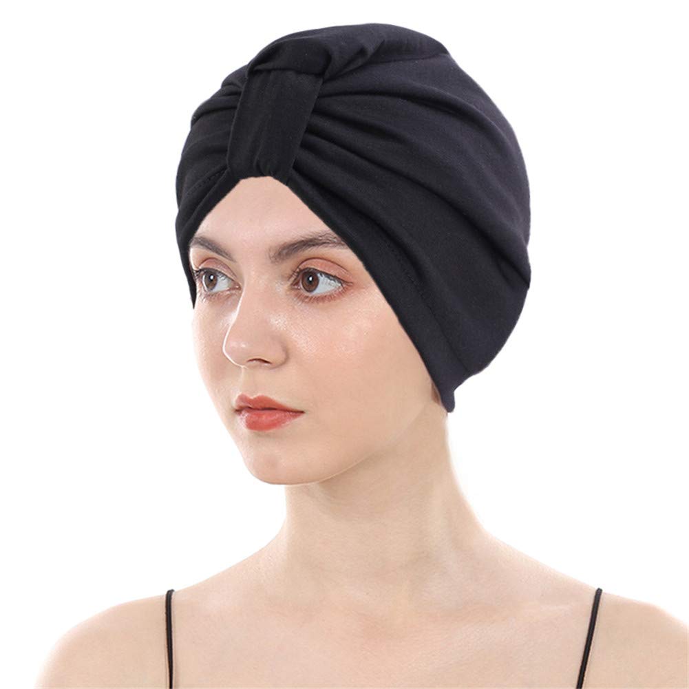 DuoZan Cotton Turbans Satin Liner Double-Layered Beanie Chemo Cap Sleep Bonnet, Z-black, One Size