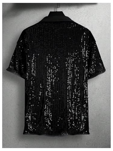 OYOANGLE Men's Sequin Shiny Button Down Shirt Short Sleeve Collared Shirts Party Holiday Tops2