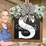 2024 New Last Name Year Round Front Door Wreath with 26 Initial Letter Welcome Sign, Eucalyptus Garland, and Bow | Spring Wreaths for Front Door Decor | Outdoor Hanger Garland (S)