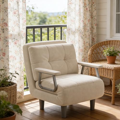 Fauteuil Convertible 1 Place - Canapé Chauffeuse Lit 4 en 1, Canapé-lit Convertible Dossier Réglable 5 Positions avec Coussin 60x58x77cm(Blanc)