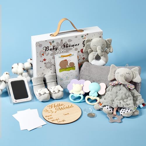 Image of Baby Gifts for Boys Girls - Ideal 11Pcs Baby Gift Set for Newborns,Gender Reveal Gifts,Elephant Baby Shower Gifts Basket | Deluxe Elephant Decor Gender Neutral Baby Items - Baby Lovey Blanket Rattle