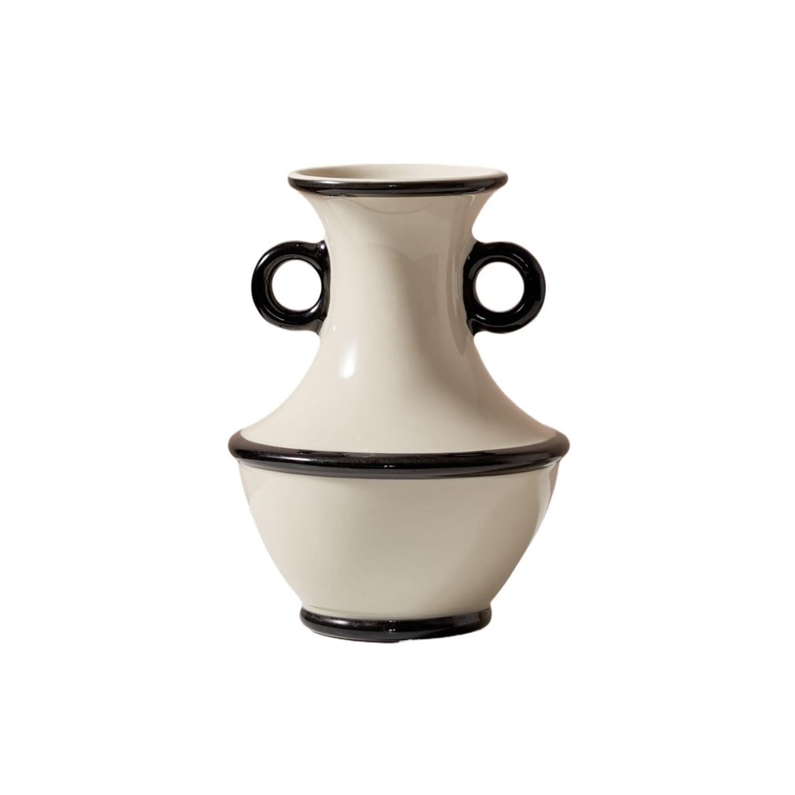 guiling-1986 Vases Decor Cream White Ceramic Vase with Black Trim & Handles Decorative Vessel for Home Flower Vases(Small)