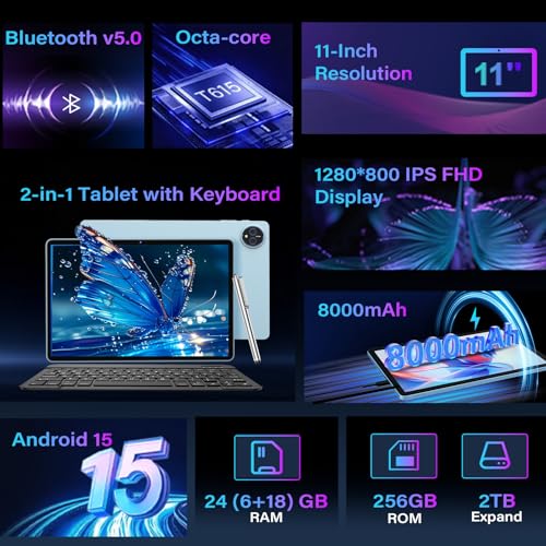 Image of 2026 Gemini AI 11 inch Tablet, Android 15 Tablet with Keyboard, 24GB+256GB+2TB Expand, 2-in-1 Large Tablets with 8-Core, WiFi, 8000mAh, GMS, GPS, Electronic Tablets PC with Mouse, Case, Stylus(Green)