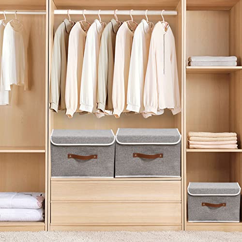 OUTBROS Collapsible Storage Box with Lid, Linen Fabric Clothing Shelf Basket Bins Box For Towels,Clothes 33x23x20 cm (Grey, 5-Pack) - Image 3