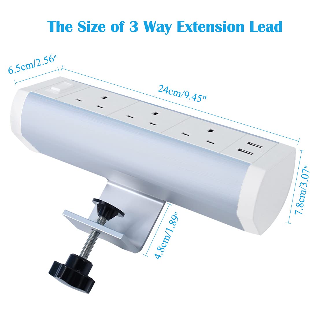 Haylink Desk Clamp Plug Socket, 3 Way Extension Lead Aluminium Alloy