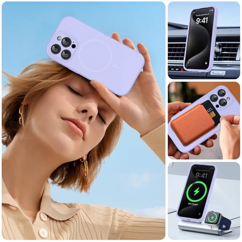 Image of Miracase Magnetic for iPhone 15 Pro Max Case, [Soft Anti-Scratch Microfiber Lining], Compatible with MagSafe, Liquid Silicone Case Shockproof Drop Protection Phone Case for 15 ProMax, Light Purple