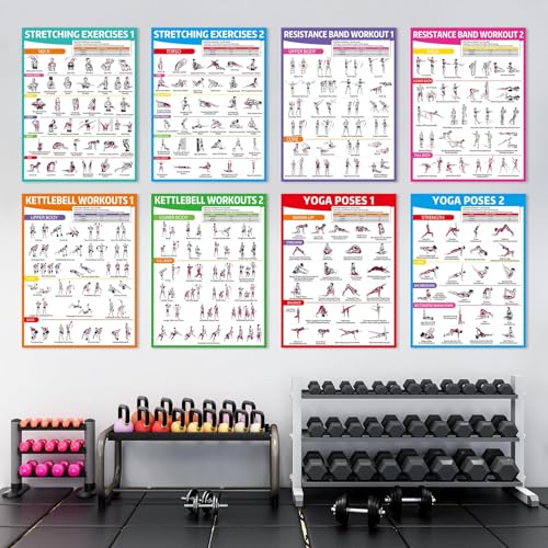 gisgfim 12PCS Workout Posters for Home Gym Dumbbells, Bodyweight, Stretching, Resistance Bands, Yoga, Kettlebells Exercise Chart Full Body Workout Poster Set Muscle Engagement Chart Garage Gym Decor