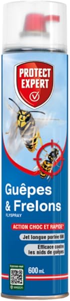 PROTECT EXPERT Spray Aérosol Guêpes, Frelons & Frelons Asiatiques - 600 ml - Jet Longue Portée 6m - Efficace Sur Les Nids - Action Choc & Foudroyante - GUEP600N - 1