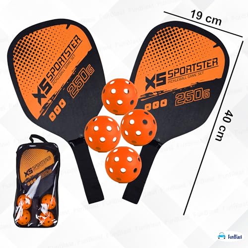 Image of FunBlast Pickle Ball Racket Set - 2 Premium Wood Rackets with 4 Balls & Portable Carry Bag, Ideal for Kids, Men & Women - Durable & Lightweight, Outdoor Activities (Orange)