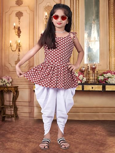 Image of Girls Ethnic Printed Peplum Top and White Dhoti Pant Set | Stylish Sleeveless Kurti with Comfortable Bottom | Traditional Festive Outfit for Kids