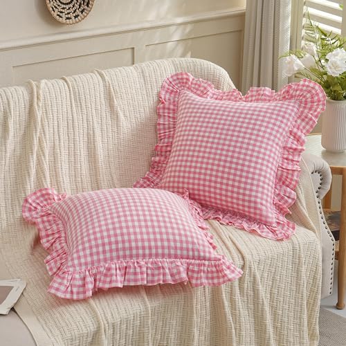 2 Pack Pink/White Plaid Ruffled Checkered Throw Pillow Cover 20 x20 inches, Washed Cotton Vintage Farmhouse Pillow Sham Decorative Gingham Pillowcases for Bed/Living Room