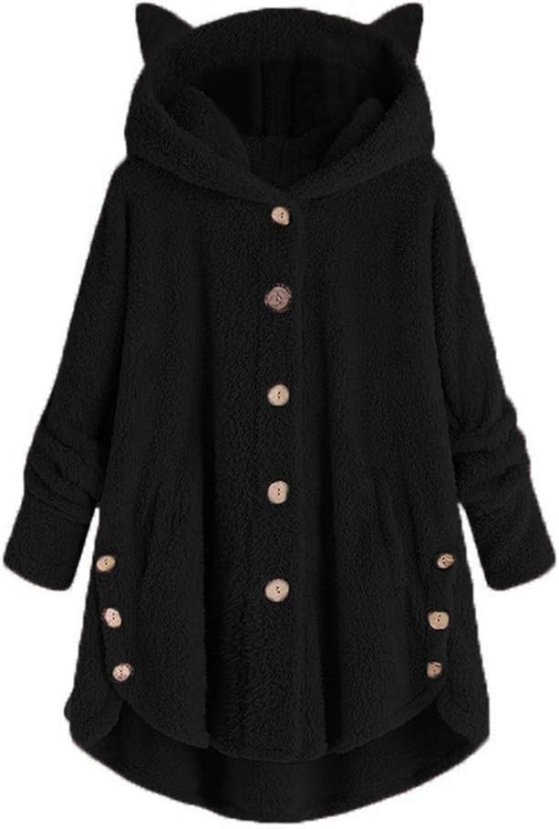 Handyulong TopsHandyulong Plus Size Womens Hoodies Oversized Sherpa Fleece Cat Hooded Pullover Sweatshirts with Pockets for Teen Girls