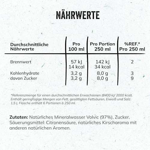 Volvic Touch Kirschgeschmack – Erfrischungsgetränk aus natürlichem Mineralwasser Volvic mit Kirschgeschmack – ohne Konservierungsstoffe – 6 x 1,5 l