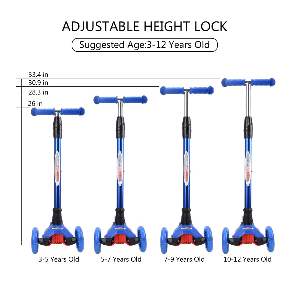 ChromeWheels Scooters for Kids, Deluxe 3 Wheels Kick Scooter 4 Adjustable Height 132lbs Weight Limit, Lean to Steer LED Light Up Wheel, Best Gifts for Girls Boys Ages 3-12 Years Old, Blue