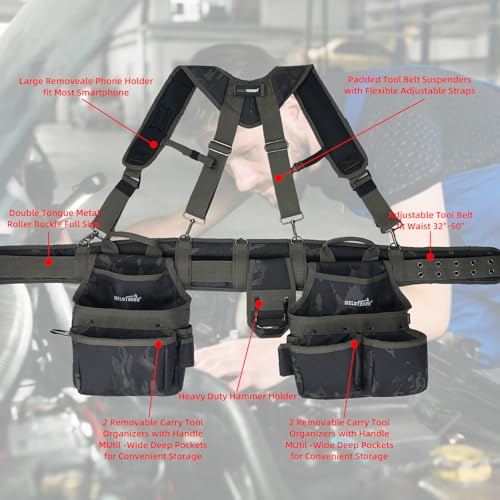 Image of MELOTOUGH Camo Tool Belt with Suspenders Camouflage Tool Pouch Organizer Supenders Framers Combo Apron Tool Belt Construction Tool Bag Suspenders Heavy Duty Carpenter Suspension Rig (Green Camo)