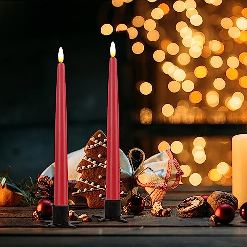 Image of CVHOMEDECO. Flameless Taper Candles with 10-Key Remote, Battery Operated Led Flickering 3D Wick Window Candles Real Wax Finished Home Christmas Party Decor 0.78 x 11 Inch, Pack of 2 Red