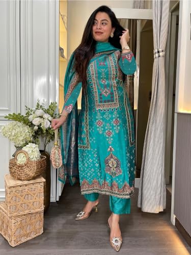 Image of ANNI Designer Women's Pure Cotton Kurta Set | 3 Piece Ethnic Suit Set with Pant & Dupatta | Festive Kurti Set for Women